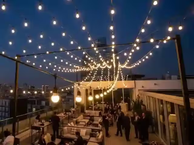 Tendido de focos vintage anclado a árboles en un patio