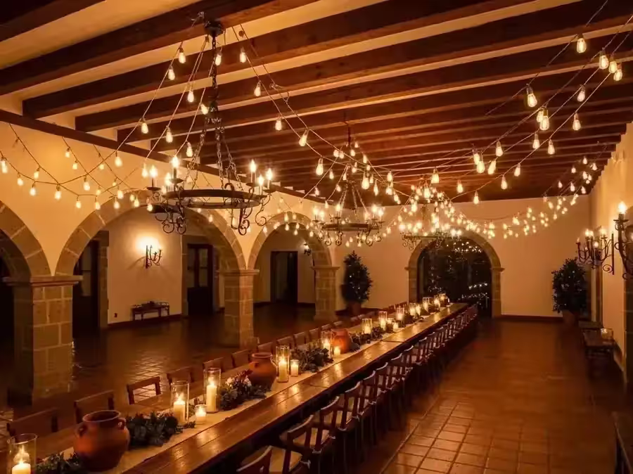 Terraza con focos vintage encendidos al aire libre