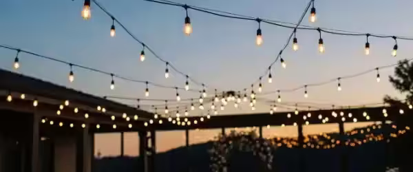 Luz cálida ámbar de focos vintage en un jardín