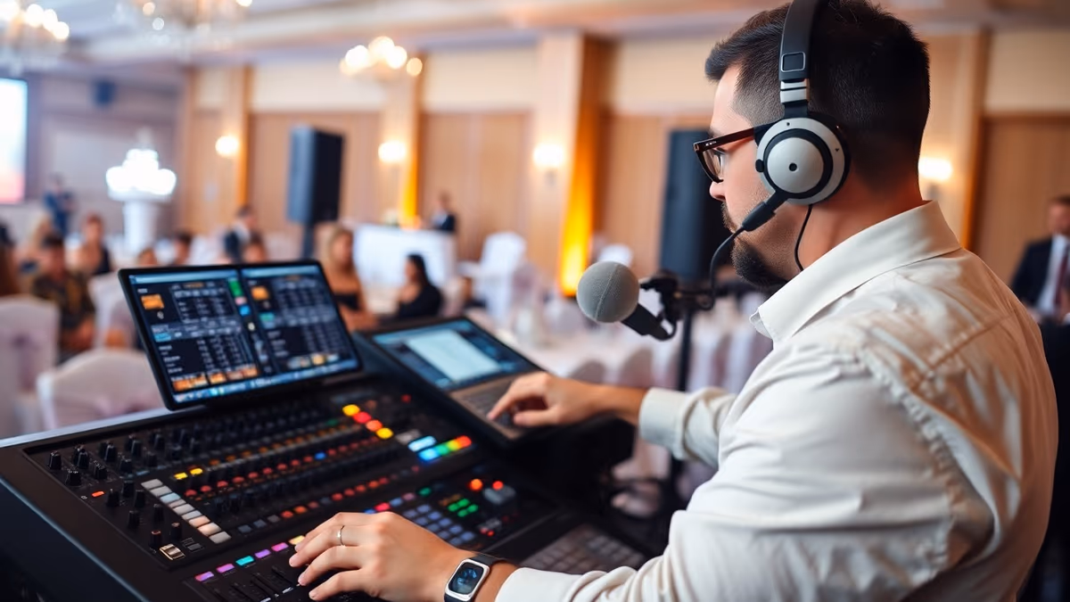 Ingeniero de sonido operando consola en evento de boda