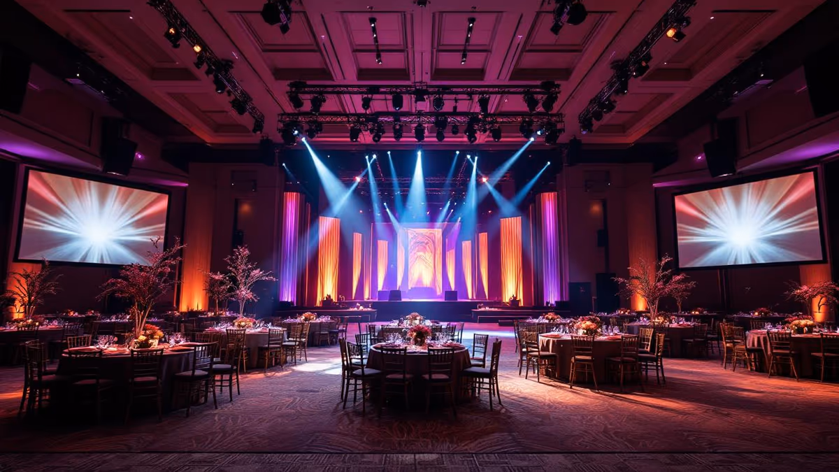 Salón de gran formato con pantallas e iluminación de show para un XV años