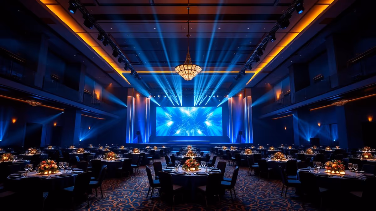 Salón corporativo con pantalla y mesas montado para una conferencia