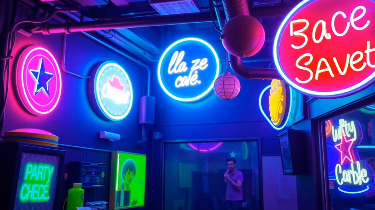 Letreros neón LED de colores montados en muro como punto focal de una fiesta neón