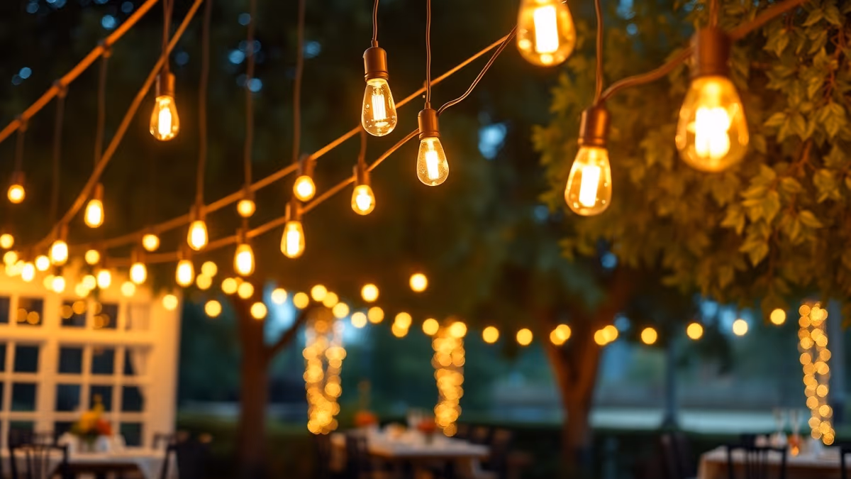 Primer plano de focos vintage tipo Edison colgando entre los árboles de un jardín