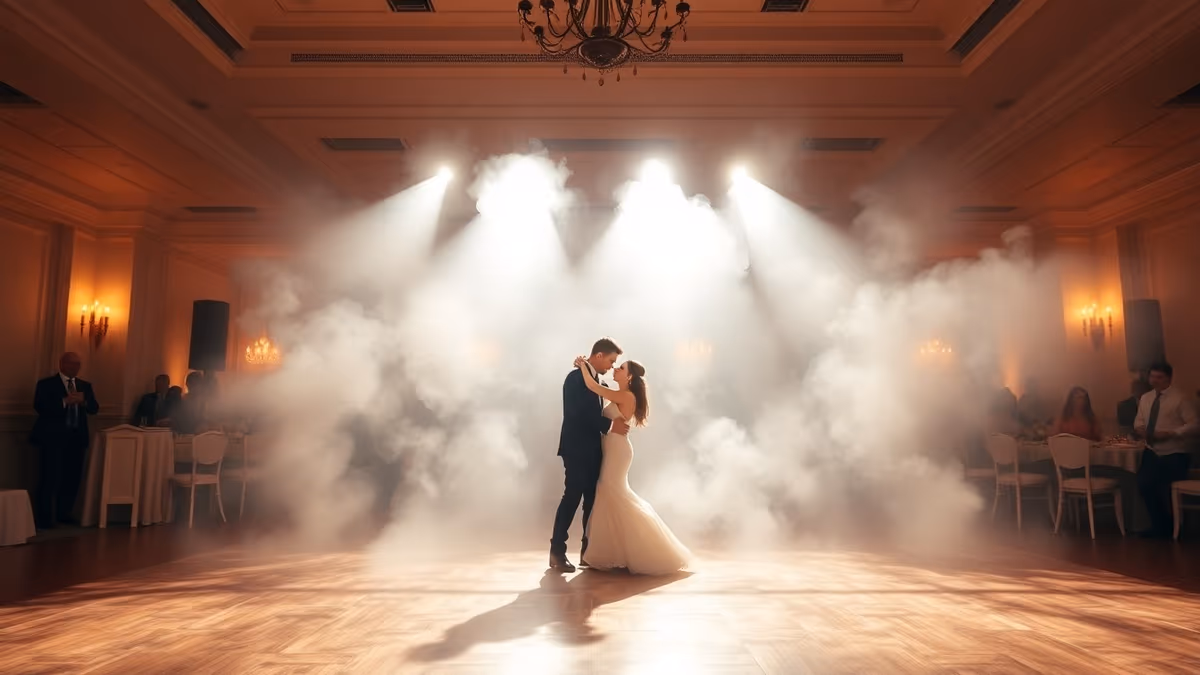 Pareja bailando sobre la nube de humo bajo durante el primer baile