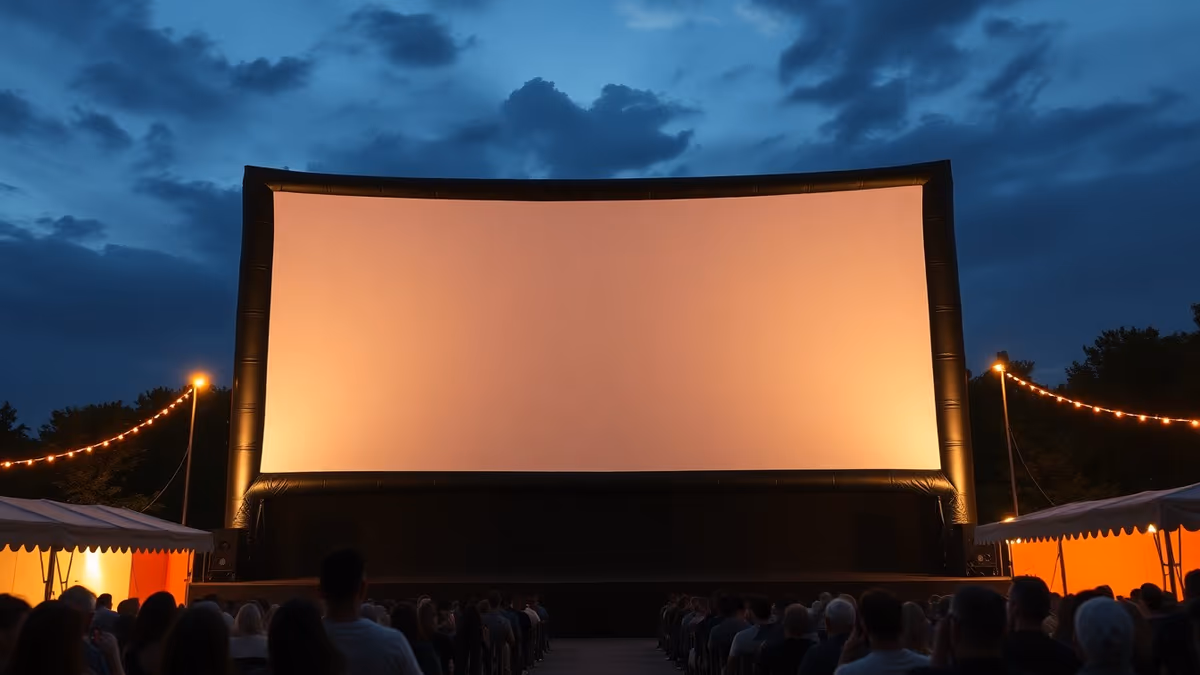 Cine al aire libre con pantalla inflable y guirnaldas de luces