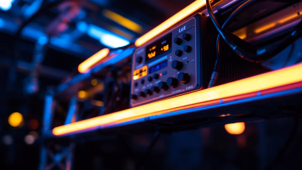 Barra UV montada en truss con su controlador antes de empezar el evento
