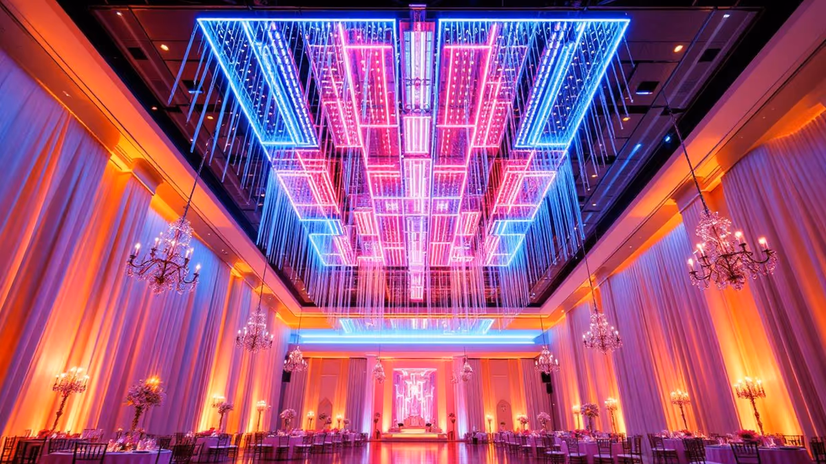 Salón de fiesta neón con estructura de luz de color sobre la pista y muros iluminados
