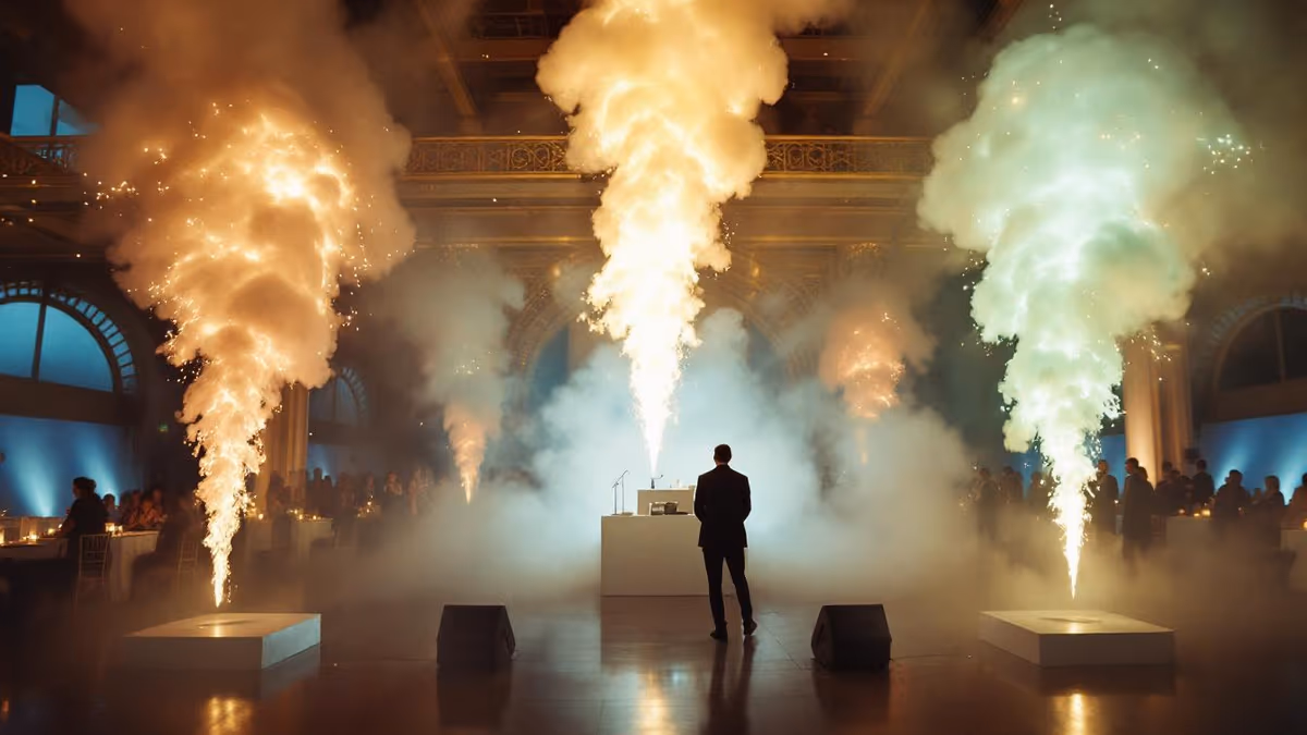 Columnas de humo escénico en el salón durante el show