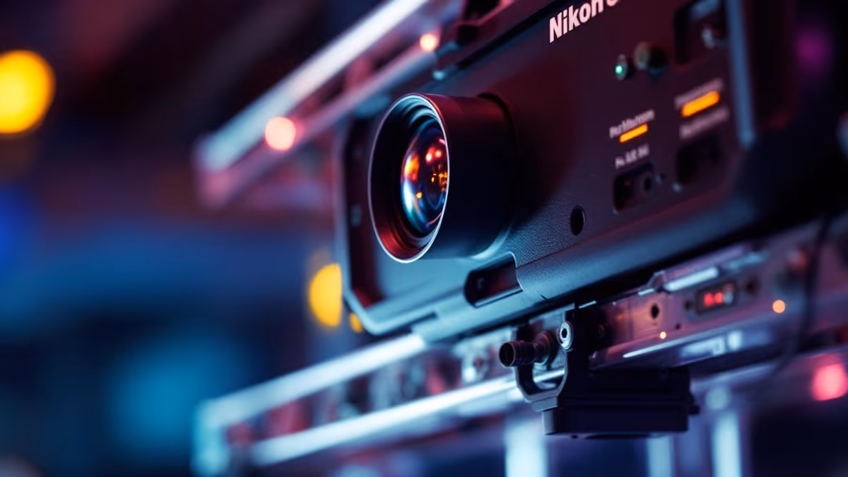 Proyector de gobos profesional con el lente enfocado antes del evento