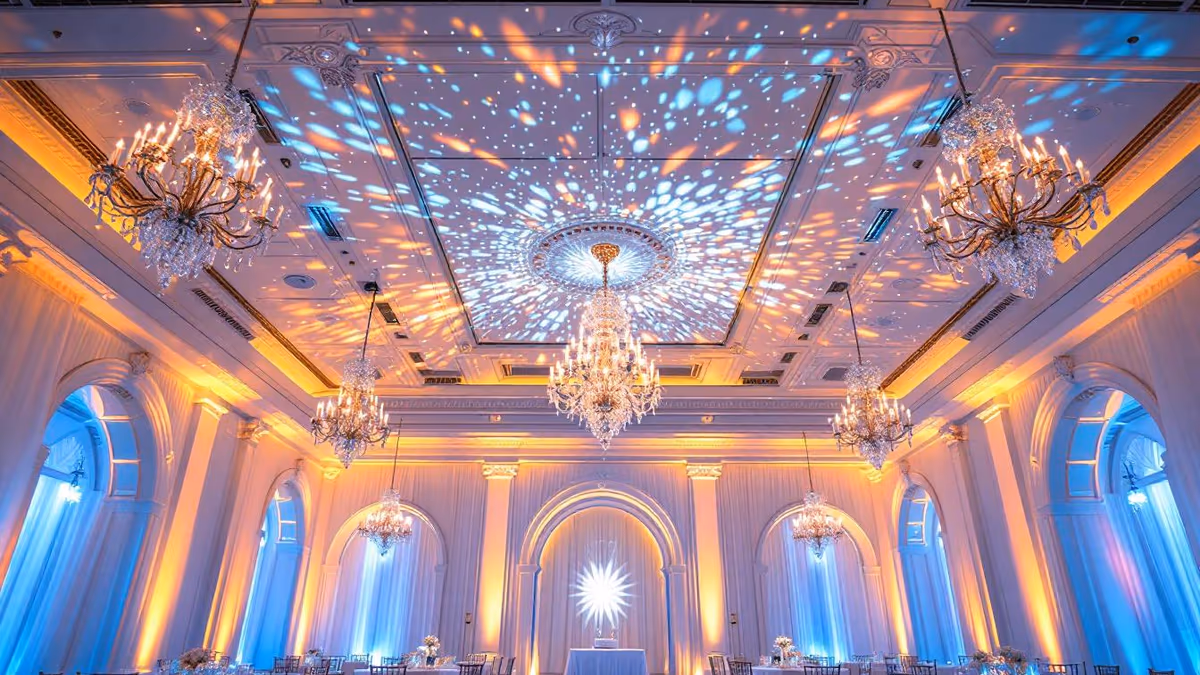 Techo de salón con patrones de gobo proyectados entre los candelabros