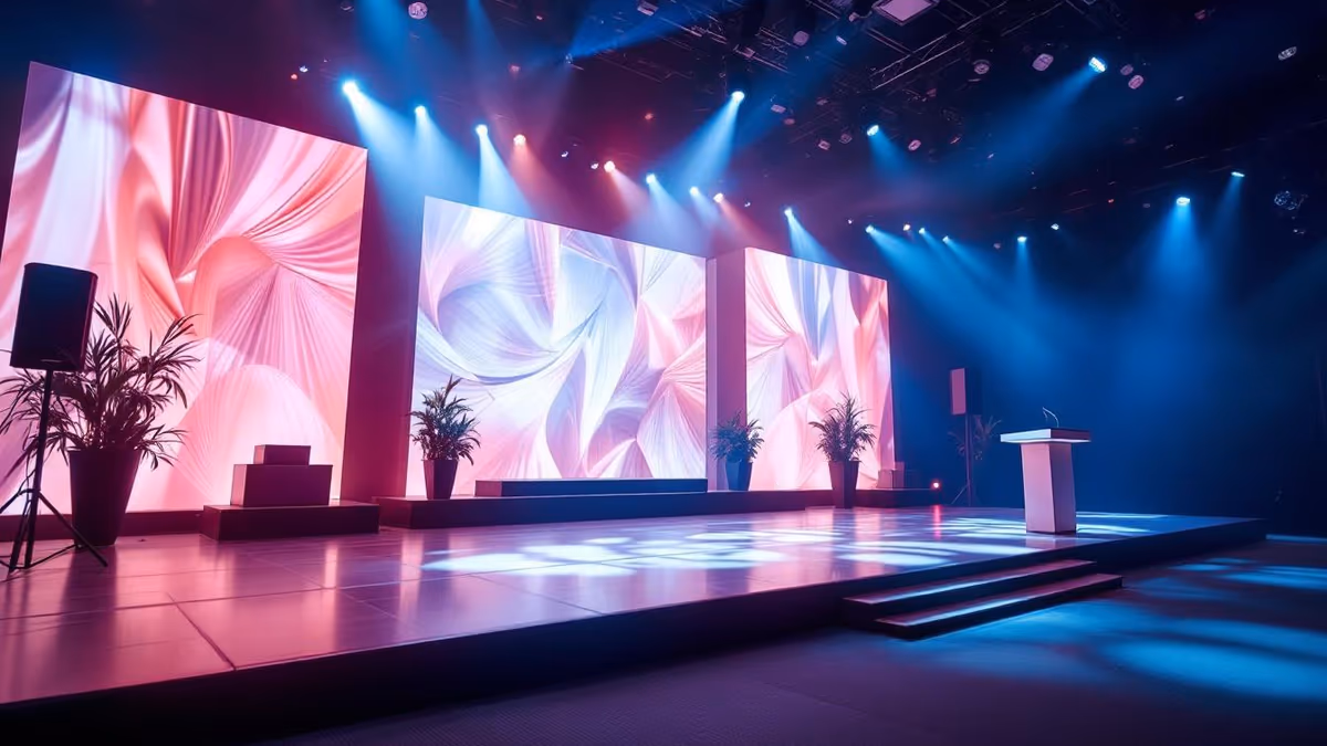 Escenario corporativo con pantallas y podium listo para el orador