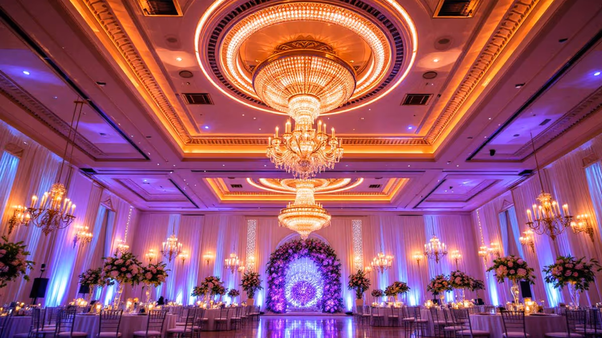 Salón de recepción con candelabro listo para la entrada de los novios