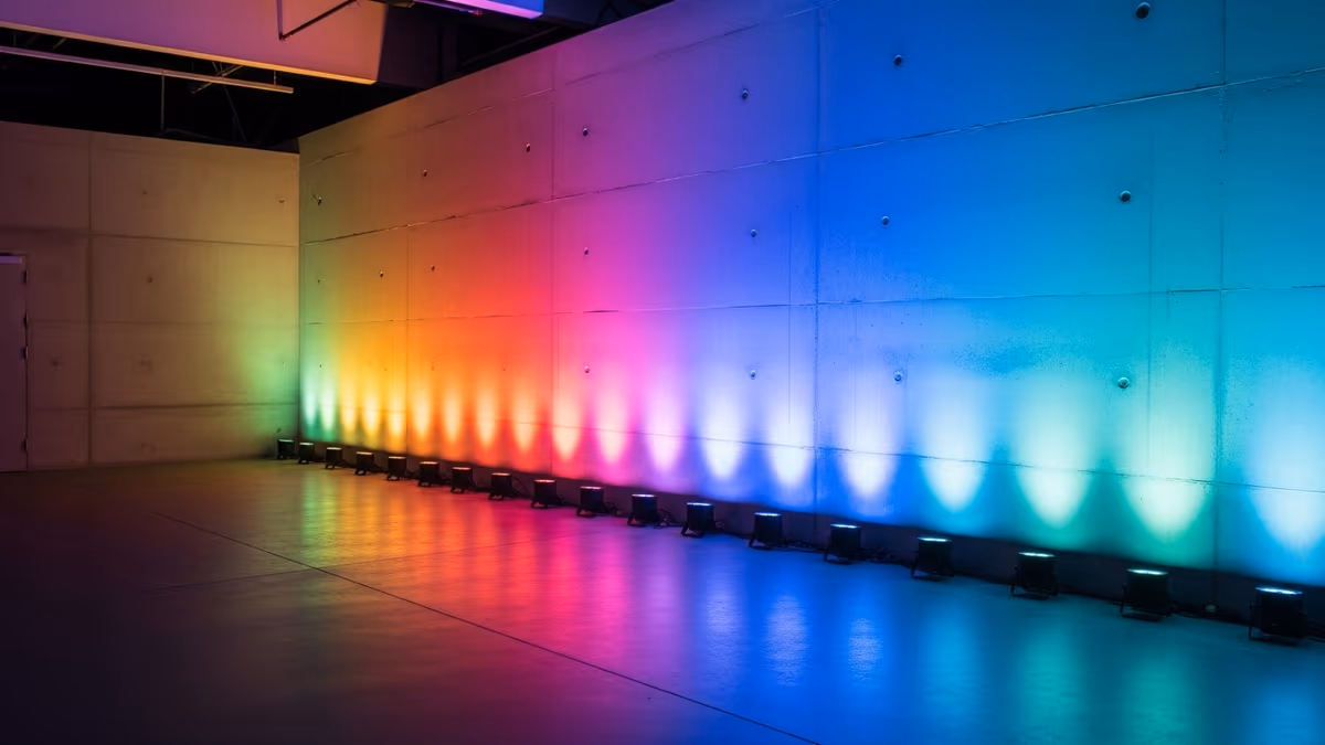Fila de par LED a piso bañando un muro con un degradado de color