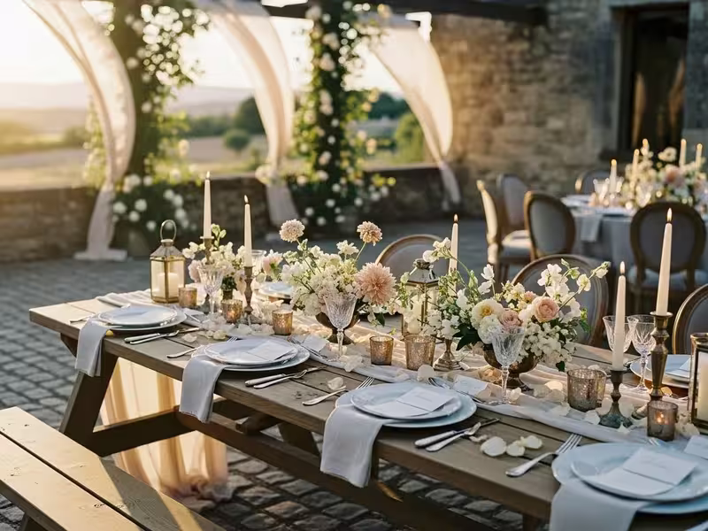 Mesa picnic decorada en una boda al atardecer