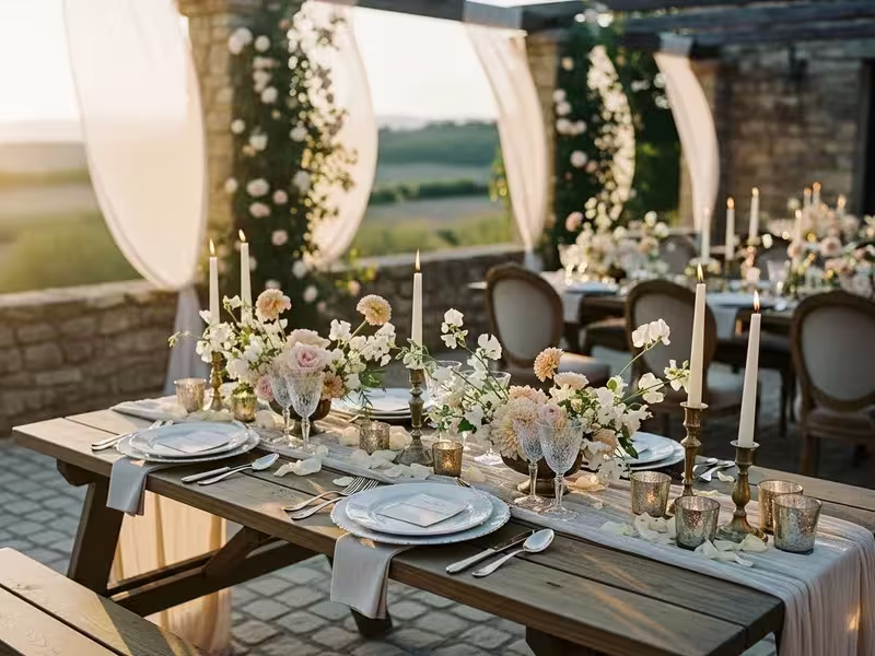 Mesas picnic de madera montadas en el jardín de una boda ya de noche, con iluminación cálida