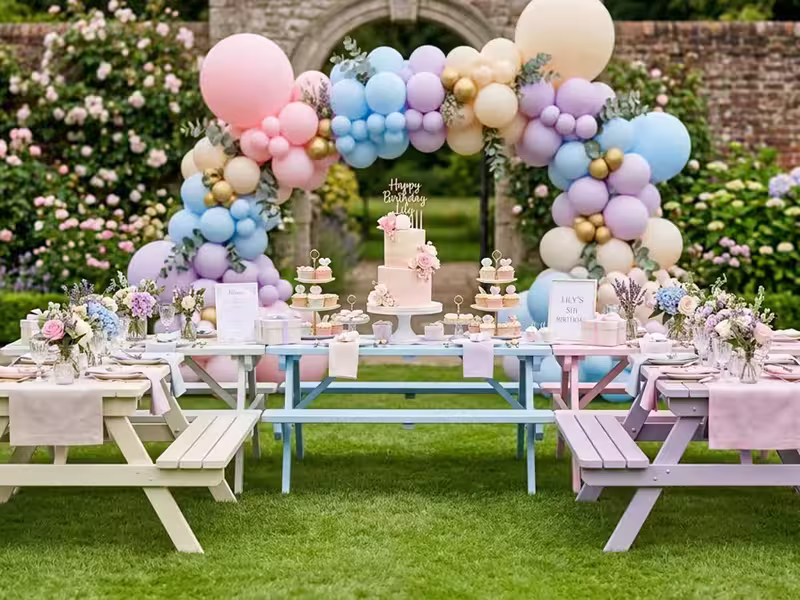 Bancas picnic de madera dispuestas en U para un evento al aire libre