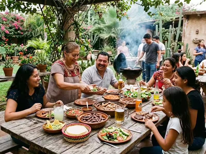 Mesas picnic de madera en renta montadas en un jardín en CDMX