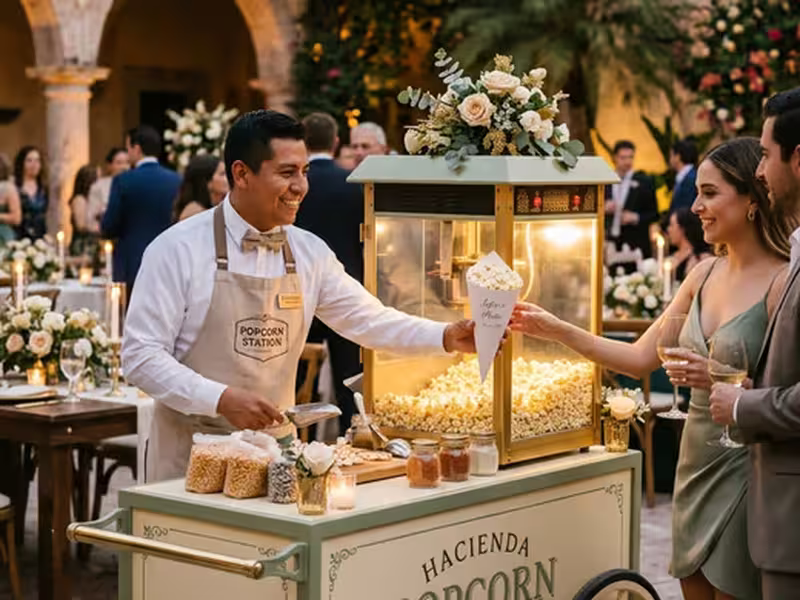 Operador uniformado atendiendo un carrito de palomitas durante un evento