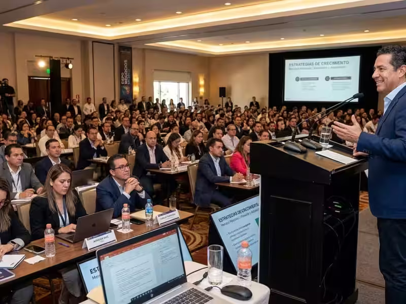 Capacitación empresarial en un congreso de hotel en CDMX con podium en el escenario