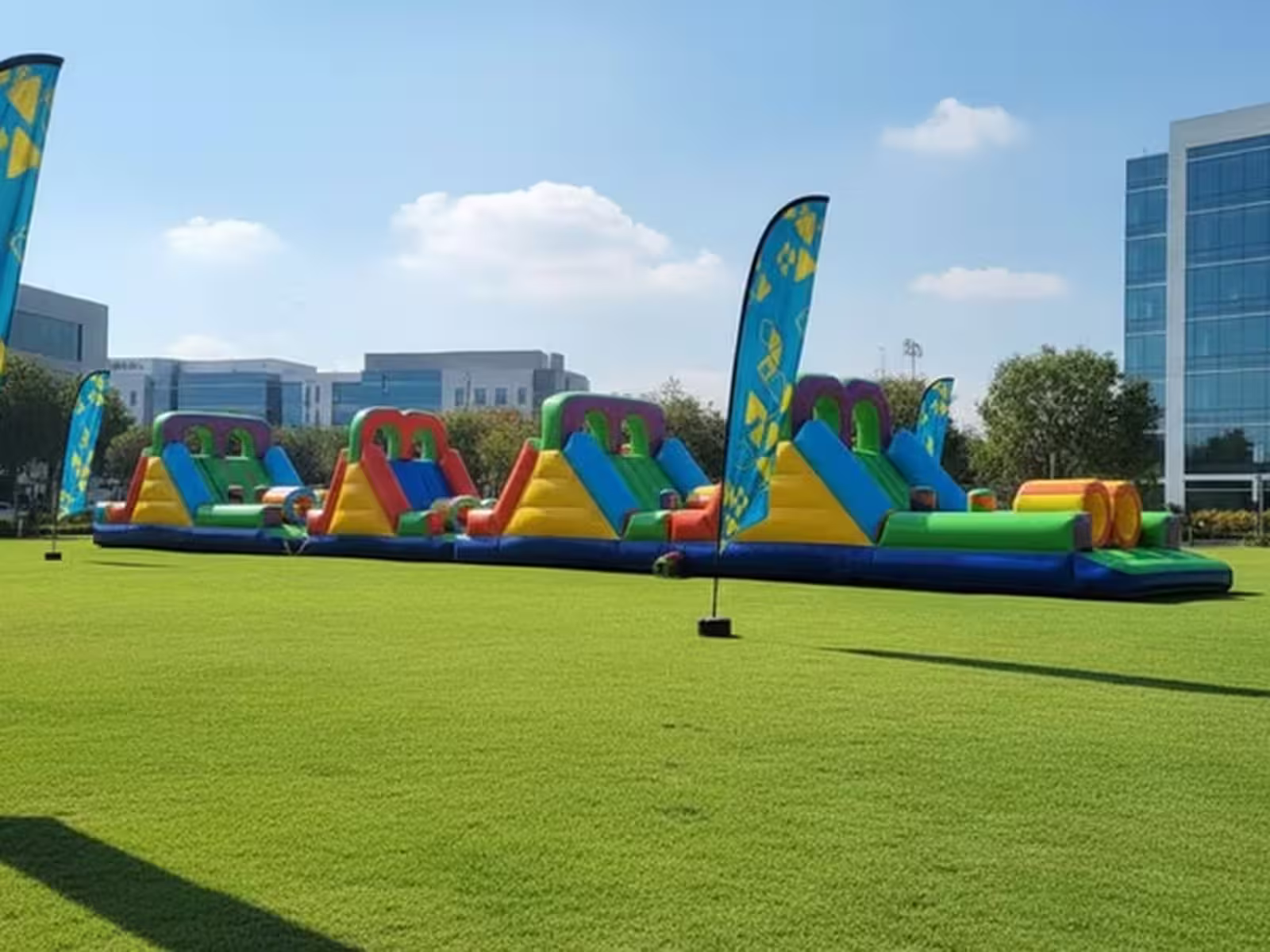 Circuito inflable montado en una kermés escolar en CDMX con varios niños en fila