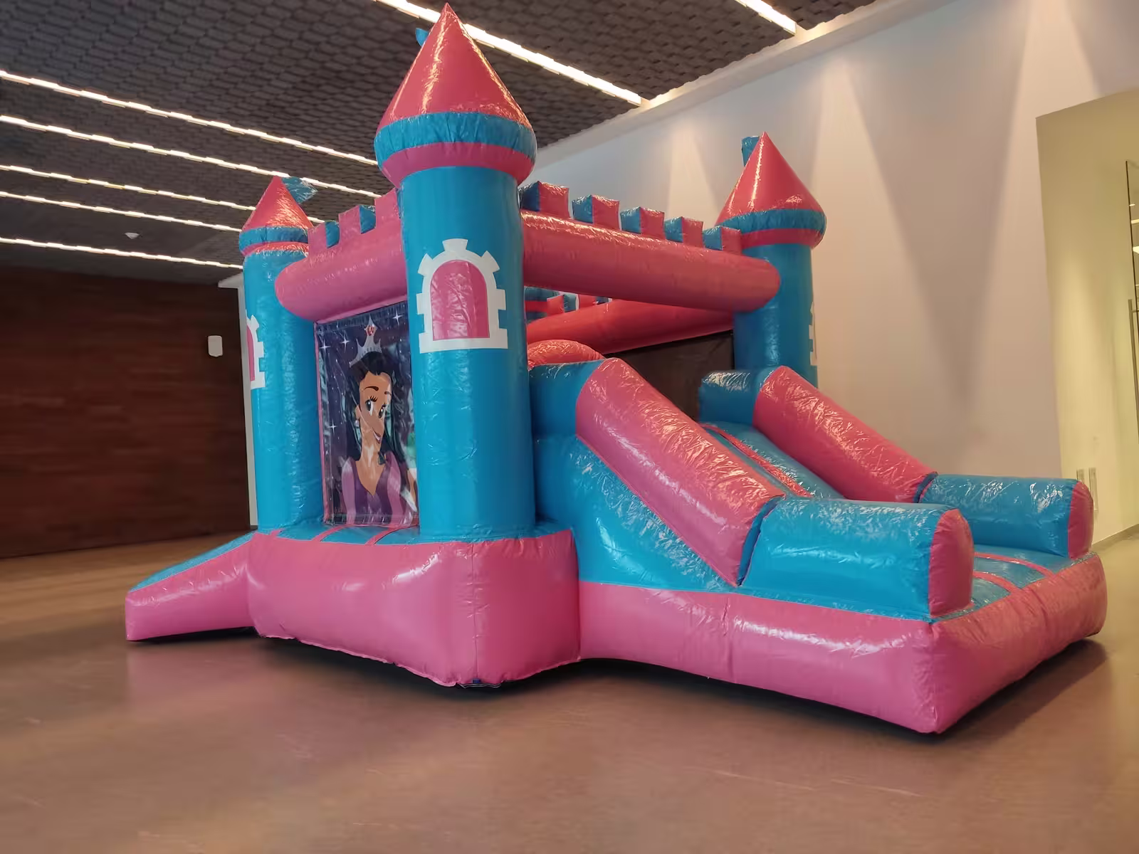 Castillo inflable de princesas con resbaladilla lateral montado para una fiesta infantil en CDMX