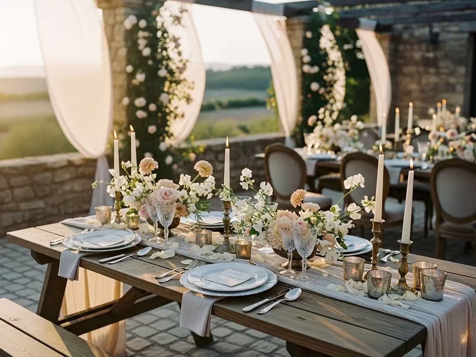 Mesas picnic de madera montadas en el jardín de una boda ya de noche, con iluminación cálida
