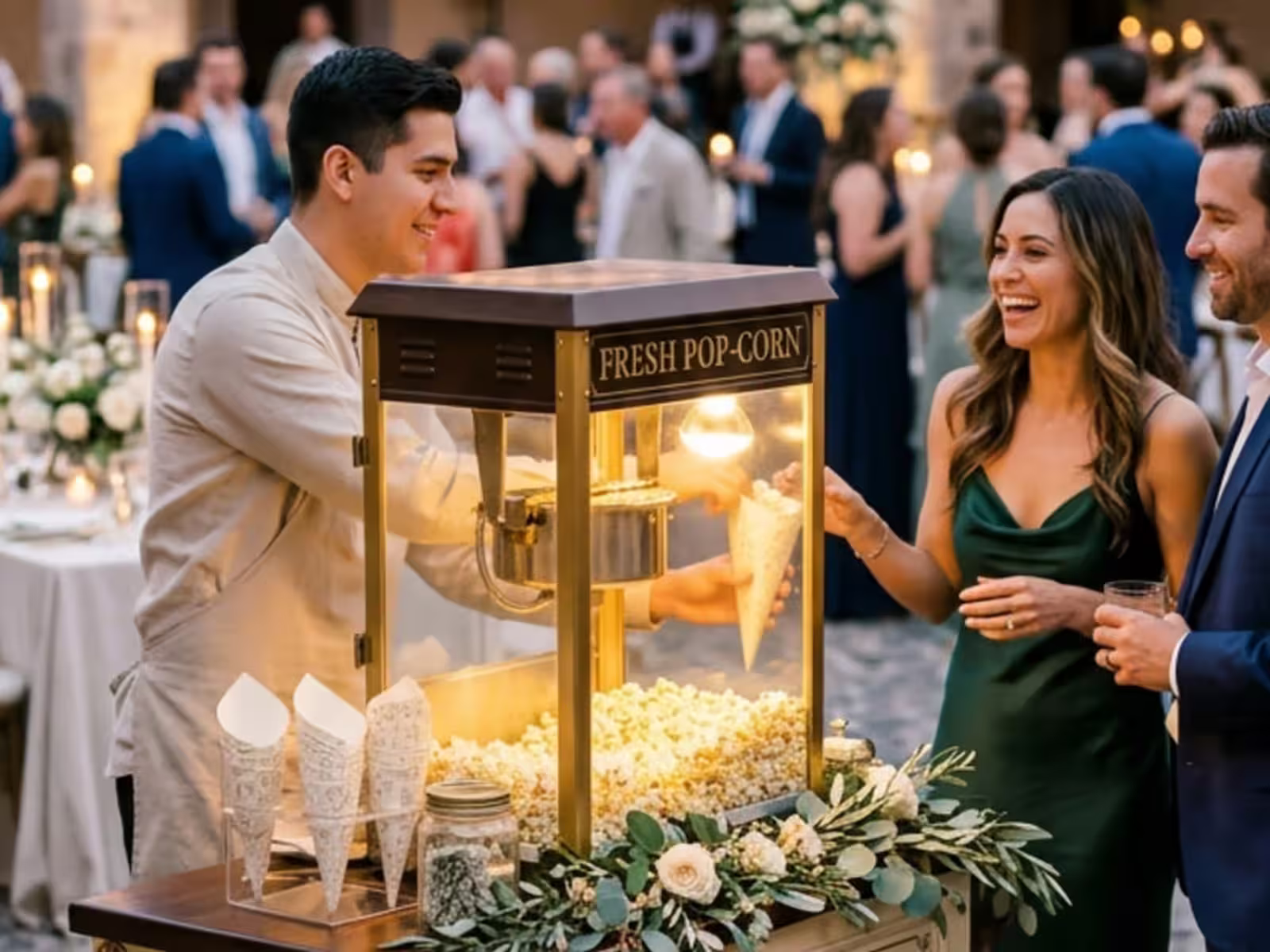 Carrito de palomitas vintage montado en la recepción de una boda